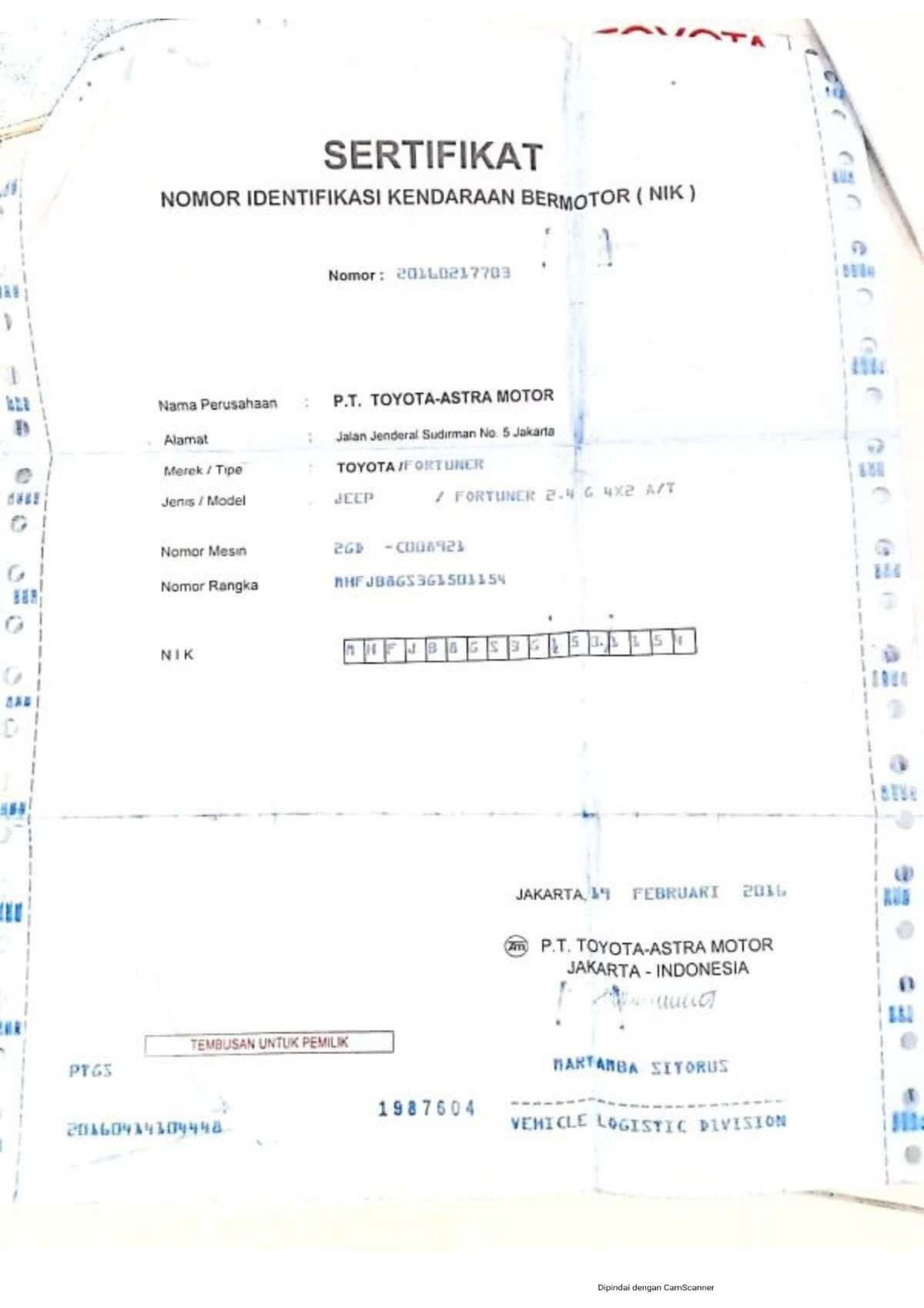 TOYOTA FORTUNER G 2.4