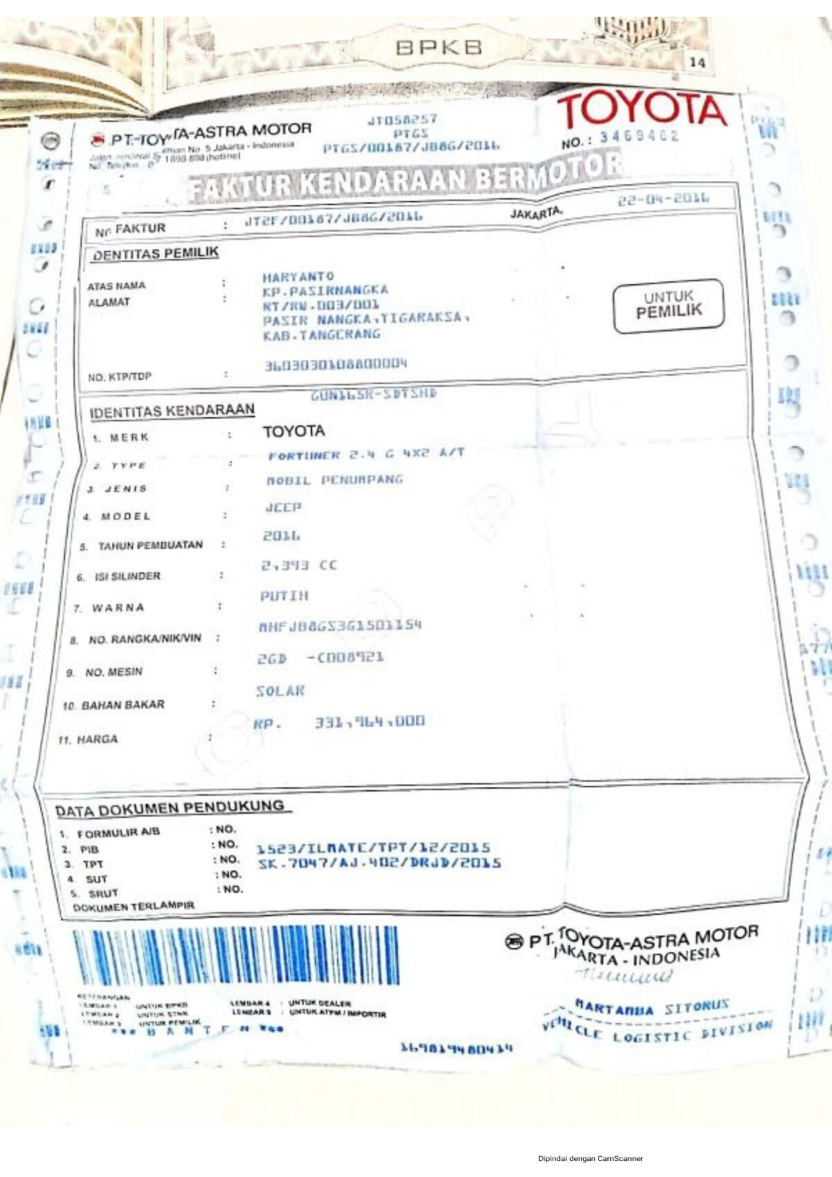 TOYOTA FORTUNER G 2.4