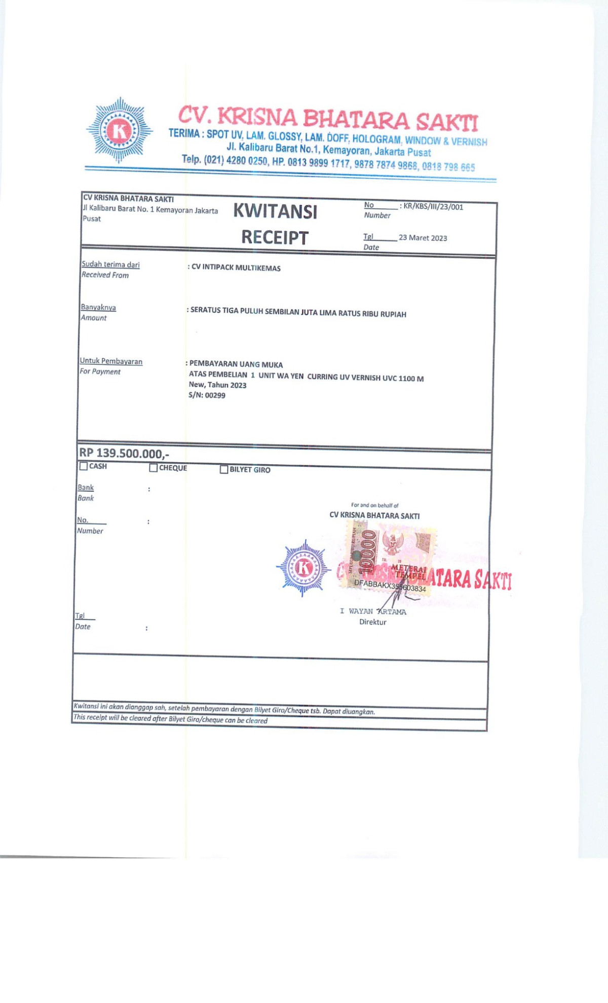 WA YEN CURRING UV VERNISH UVC 1100 M