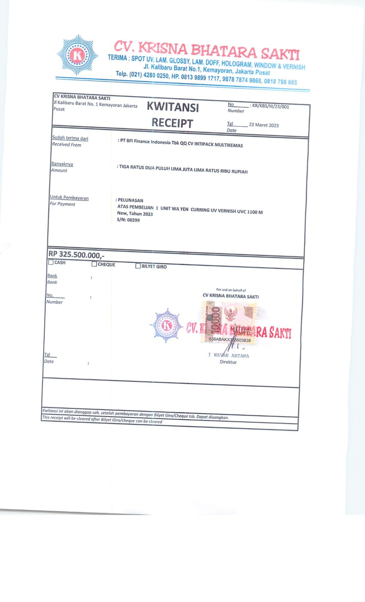 WA YEN CURRING UV VERNISH UVC 1100 M