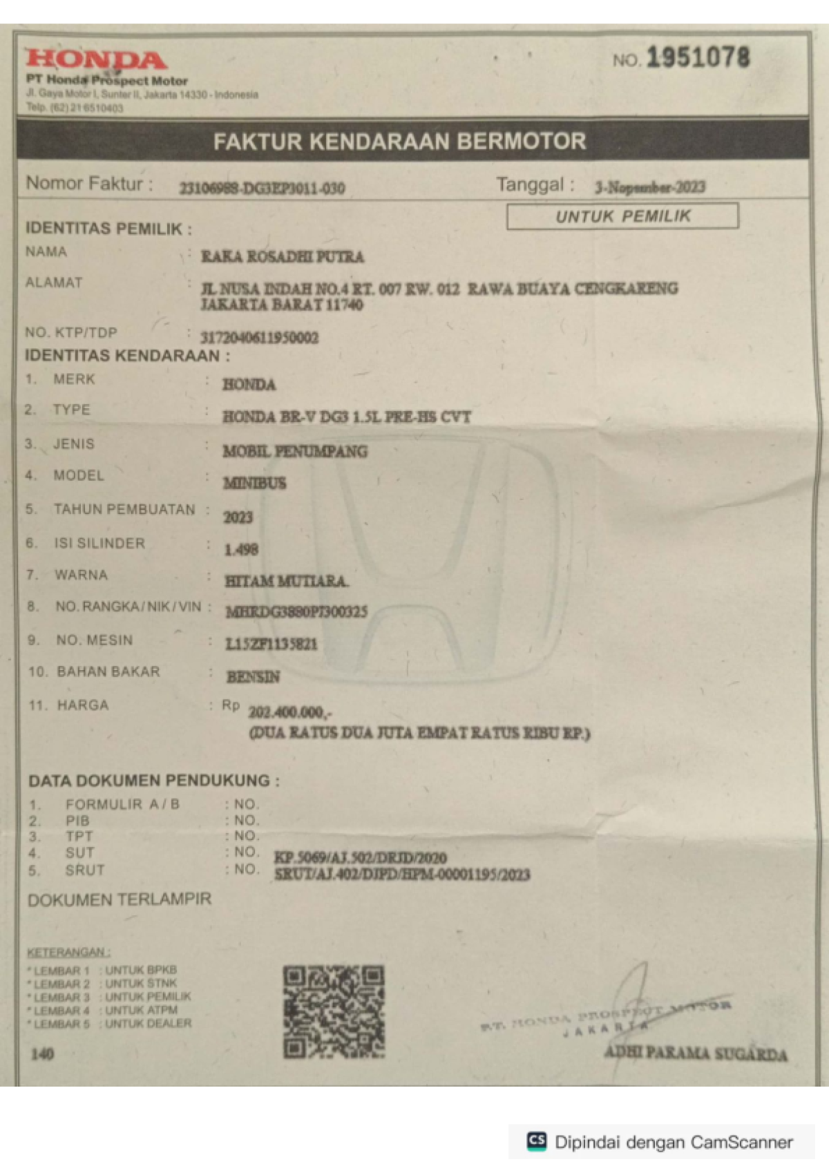 HONDA  BRV  DG3 1.5L PRE-HS