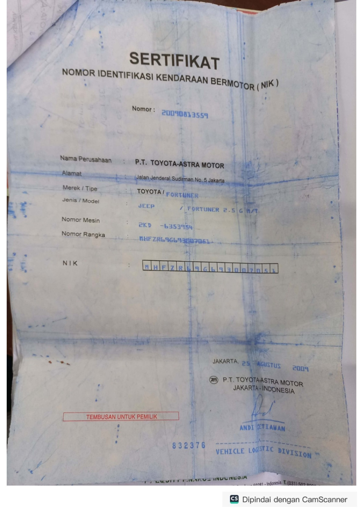 TOYOTA FORTUNER G 2.5