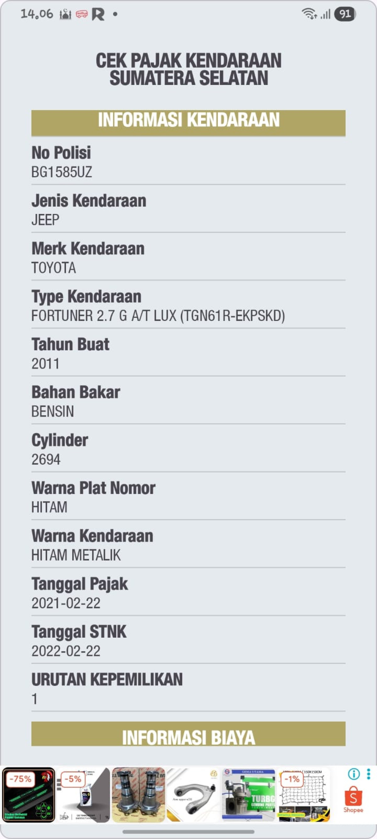 TOYOTA FORTUNER 2.7 G LUX