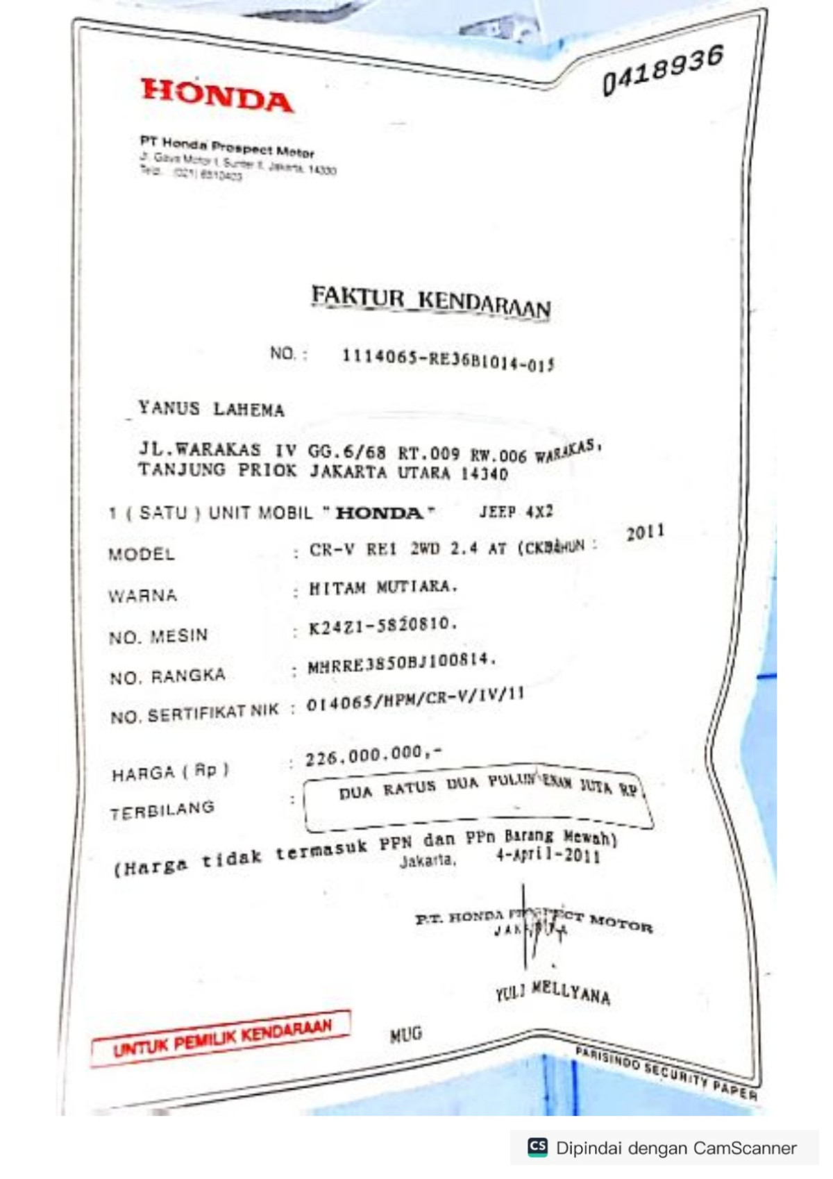 HONDA  CR-V  RE1 2WD 2.4 A/T