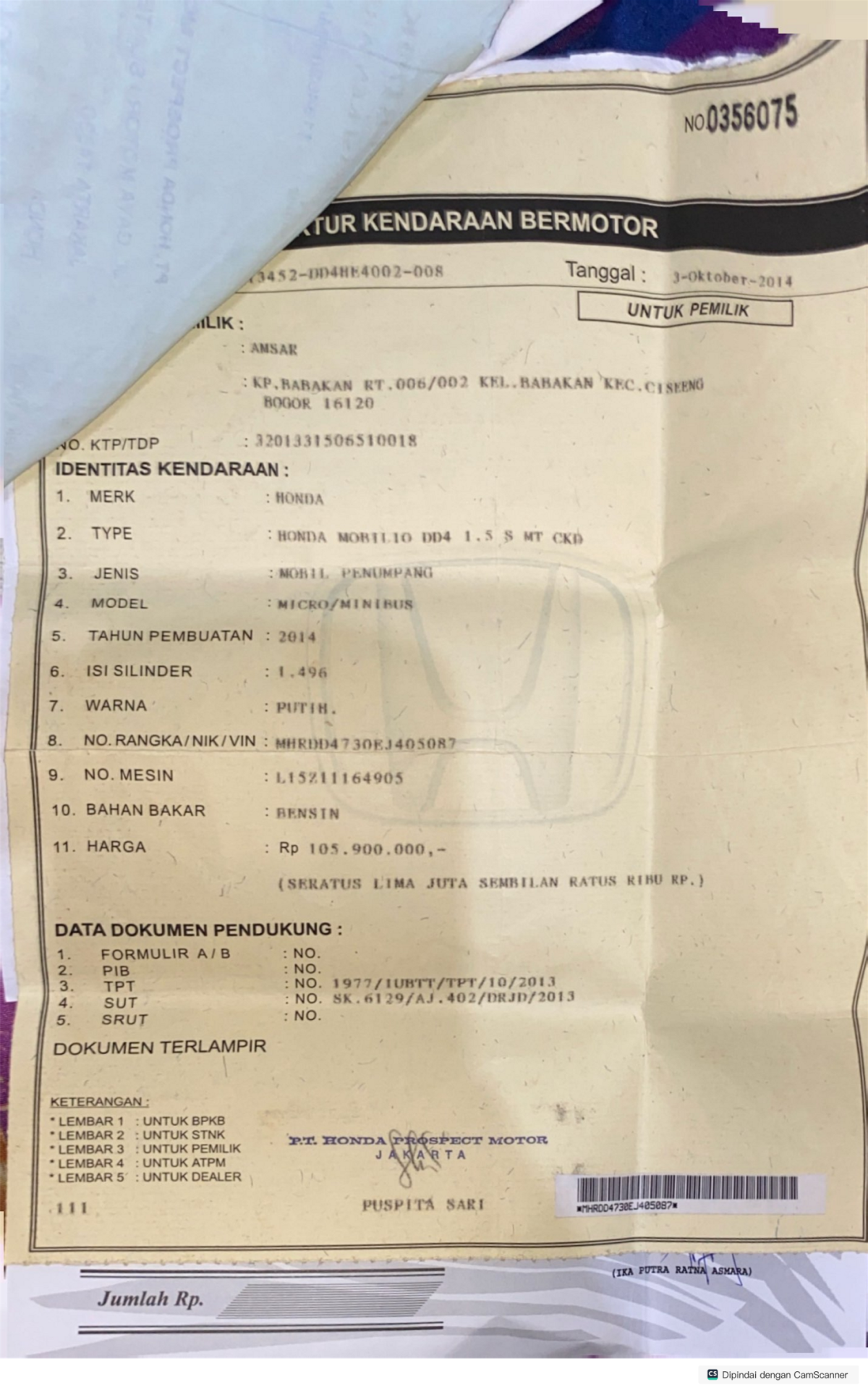 HONDA MOBILIO DD4 1.5 S