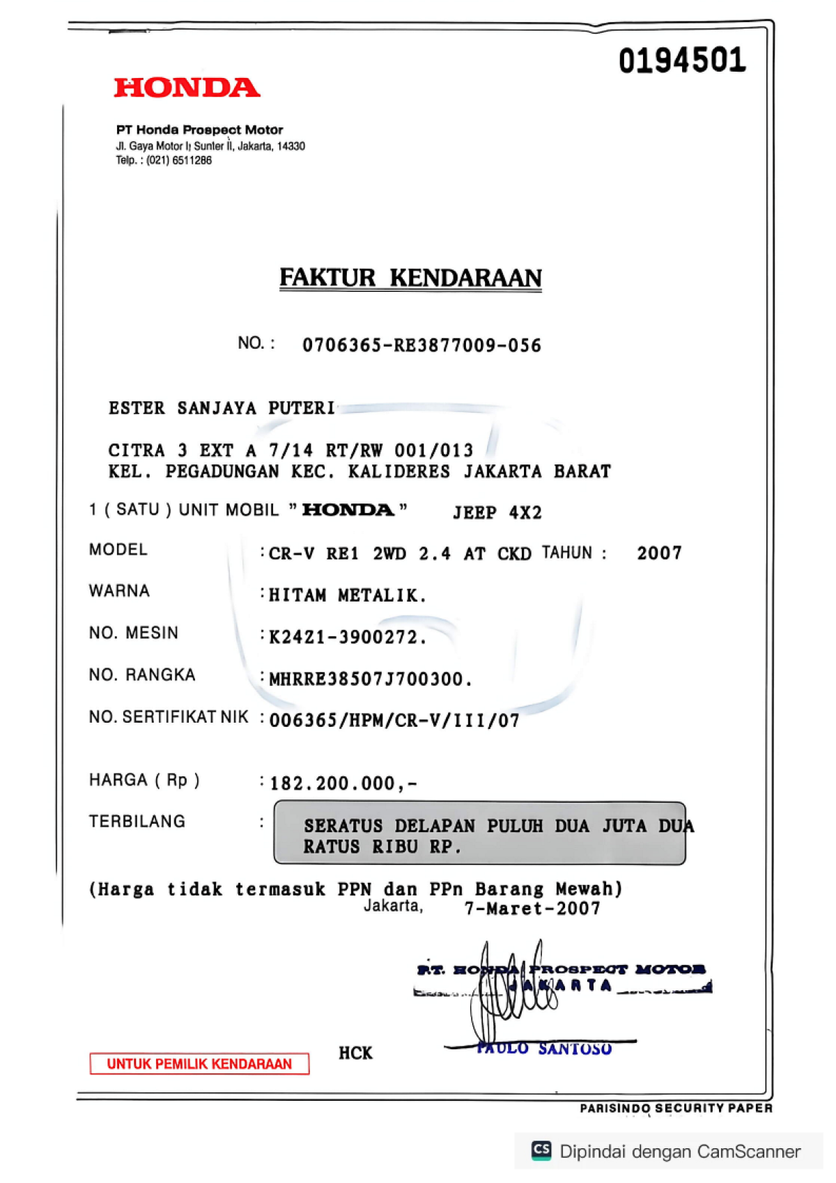 HONDA  CR-V  RE1 2WD 2.4 A/T