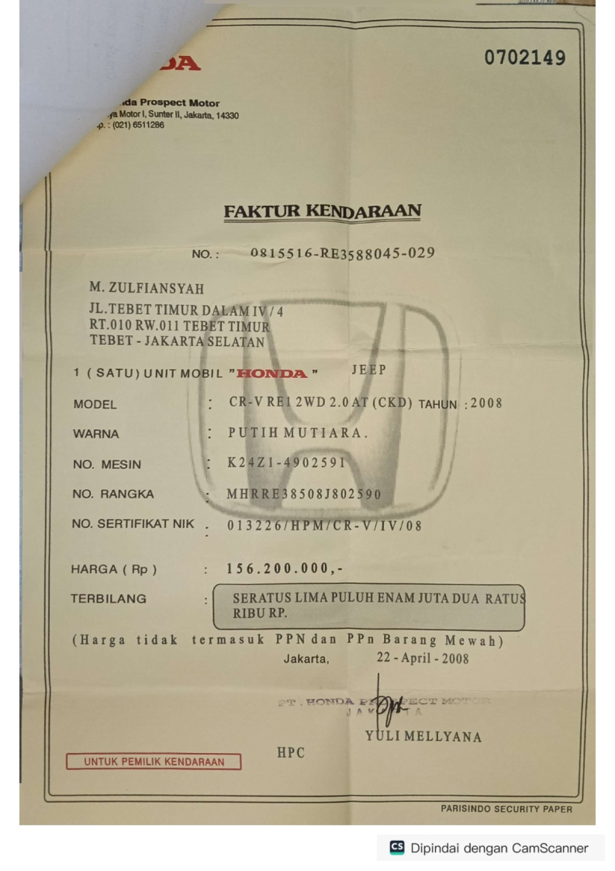 HONDA CR-V RE1 2WD 2.4 A/T