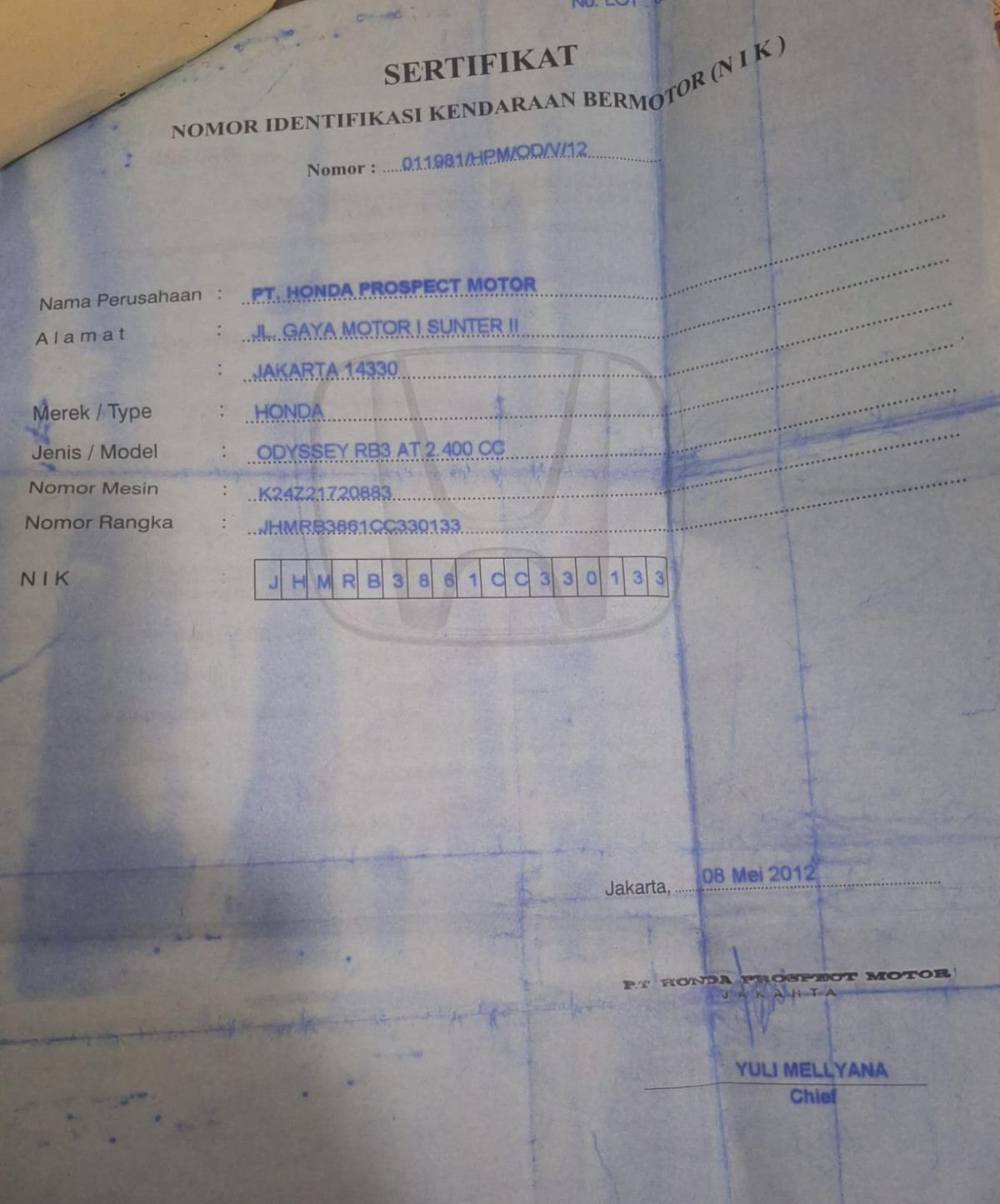 HONDA ODYSSEY RB3 2.4 L