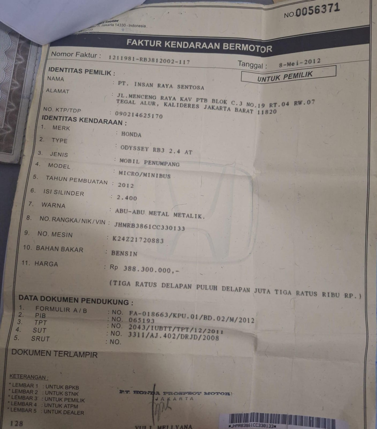 HONDA ODYSSEY RB3 2.4 L