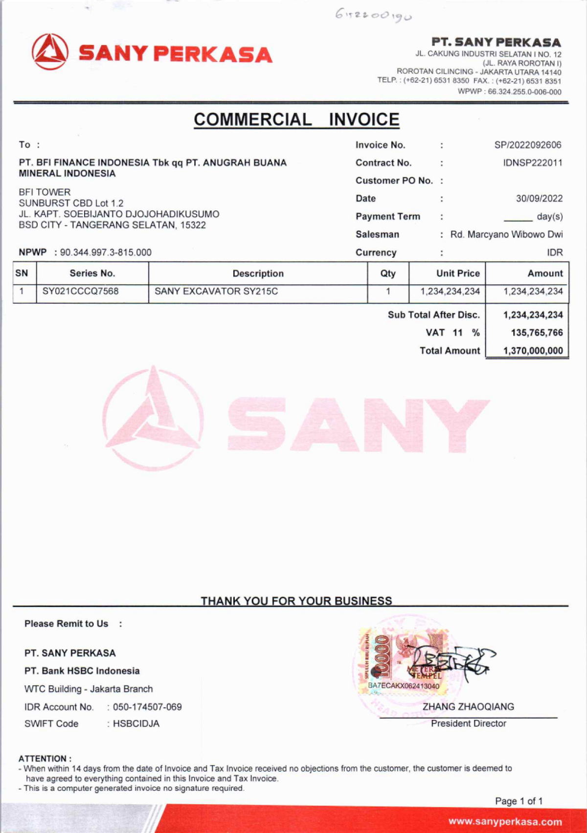 SANY EXCAVATOR SY215C