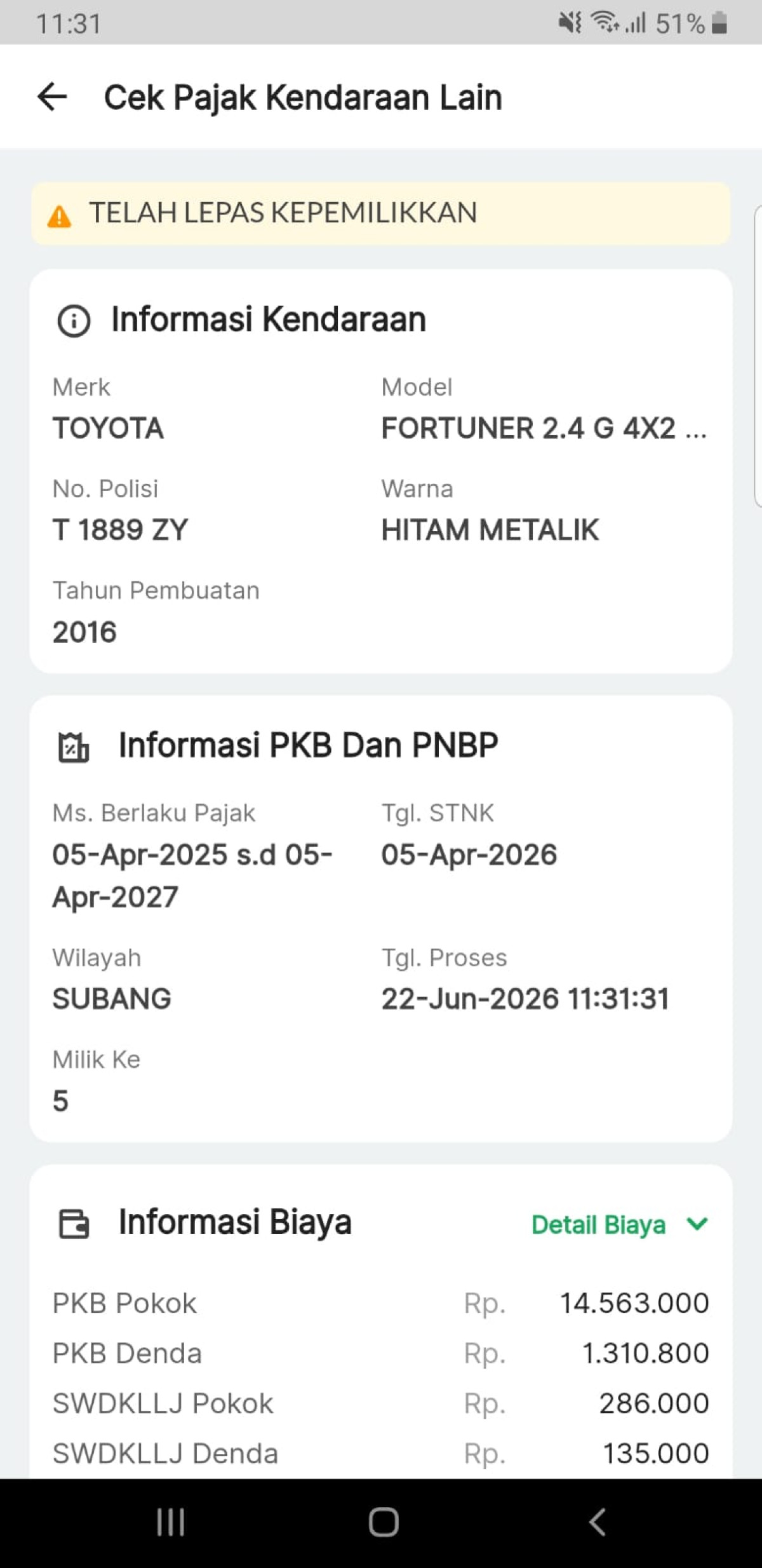 TOYOTA FORTUNER G 2.4
