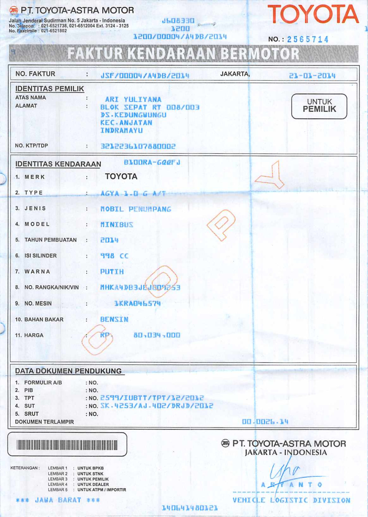 TOYOTA AGYA 1.0 G
