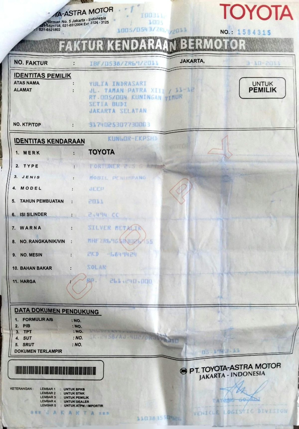 TOYOTA FORTUNER G 2.5
