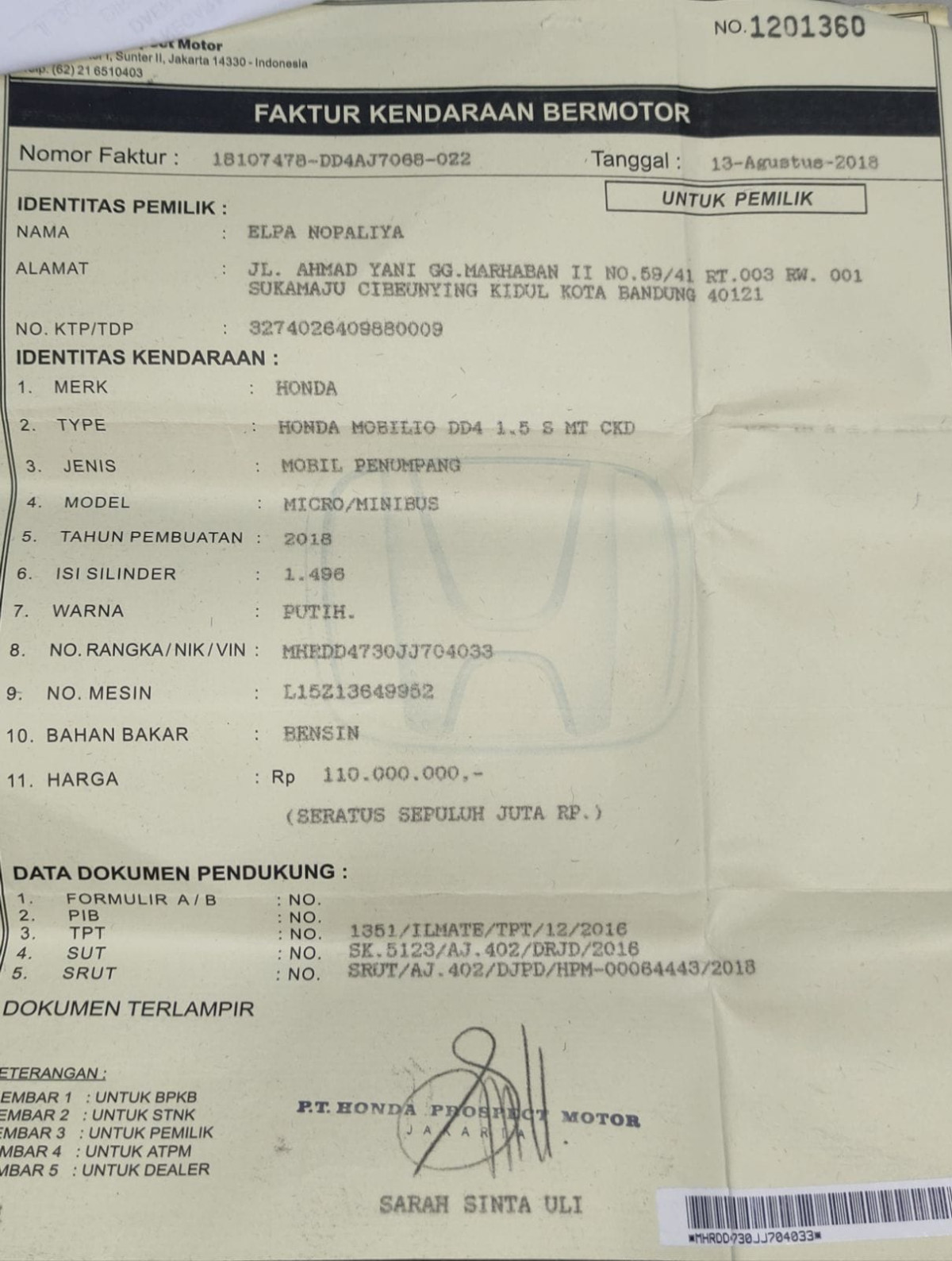 HONDA MOBILIO DD4 1.5 S