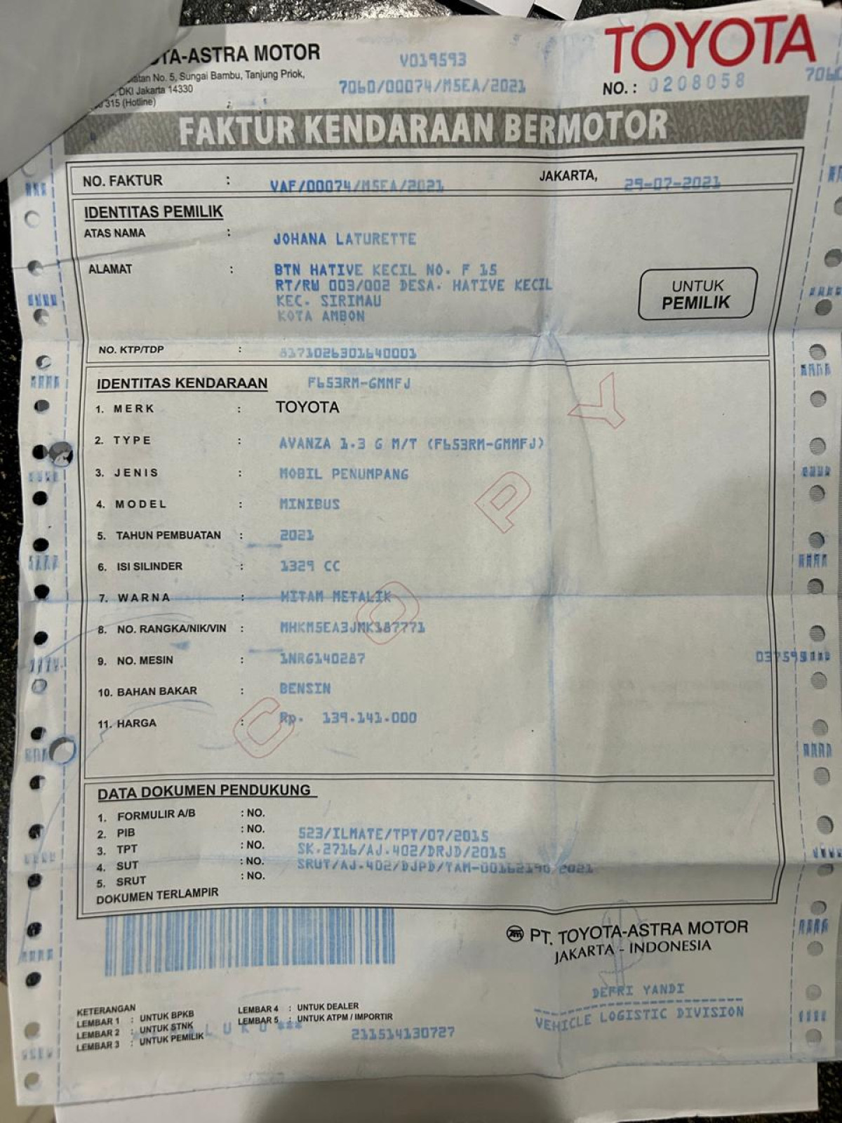 TOYOTA AVANZA 1.3 G